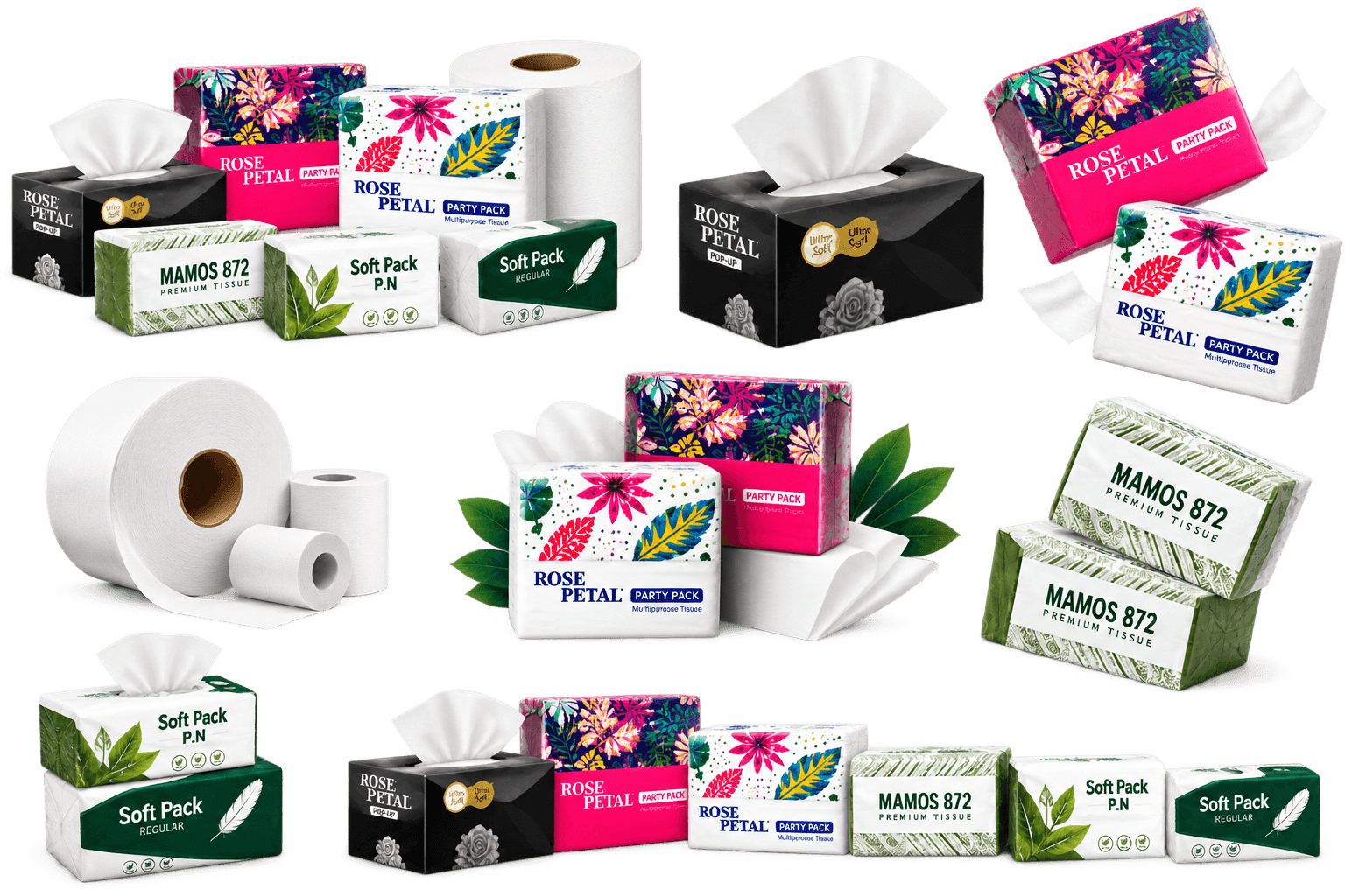 Pak Multilinks tissue product range featuring Rose Petal, Mamos 872, Soft Pack and jumbo tissue rolls