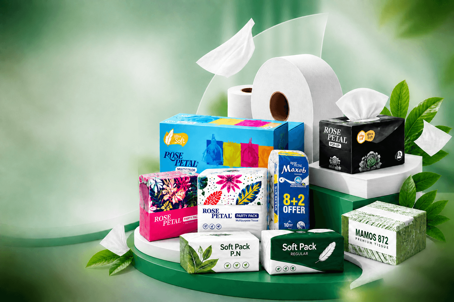 Product display featuring Rose Petal, Pop Up, Mamos 872, Soft Pack and jumbo tissue rolls