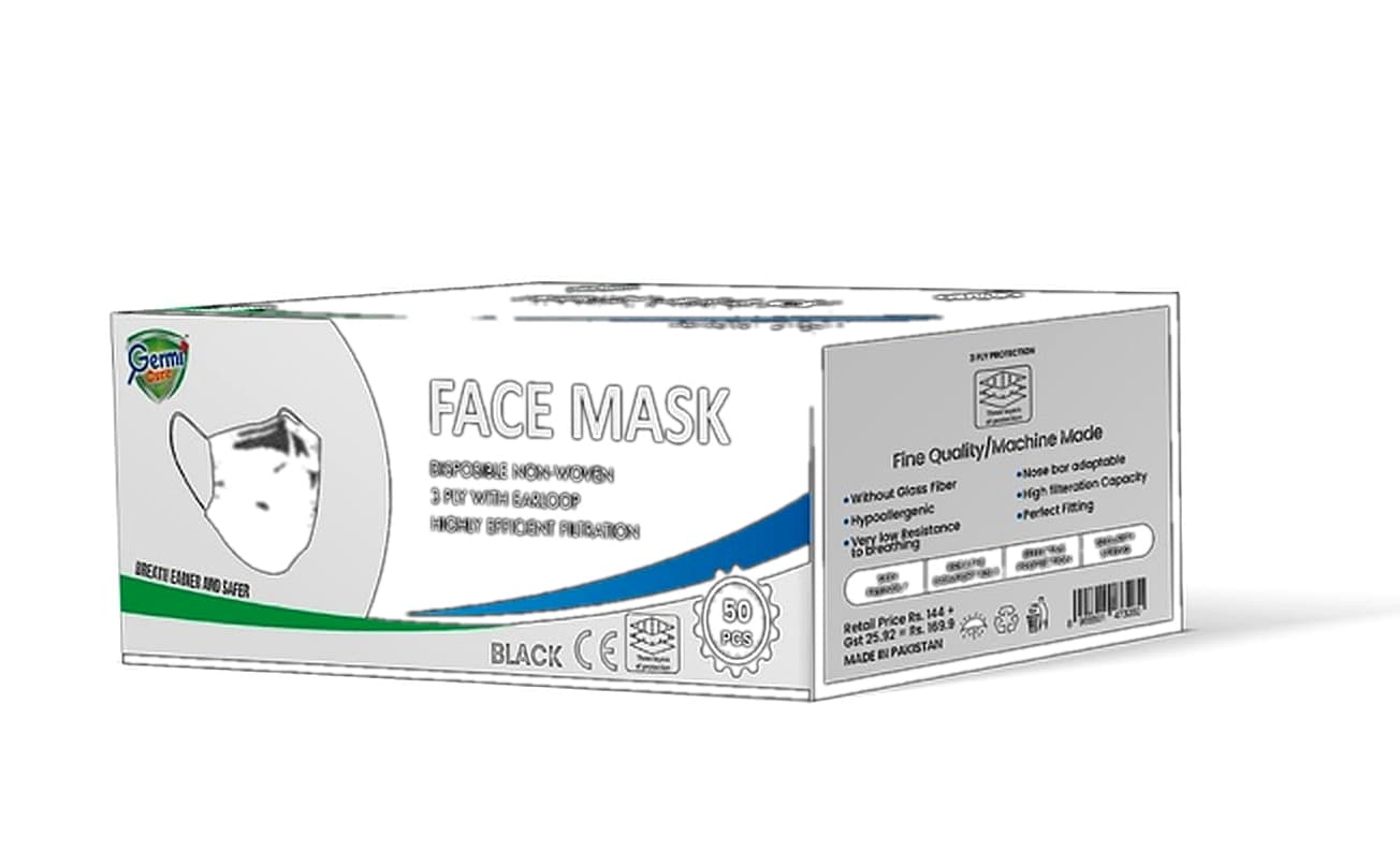 Germi Cure Face Mask BLACK 65 gsm 3-Ply Ultrasonic Punch PVC Coating Nose Pin 50 Mask/Box 48/Box per Carton