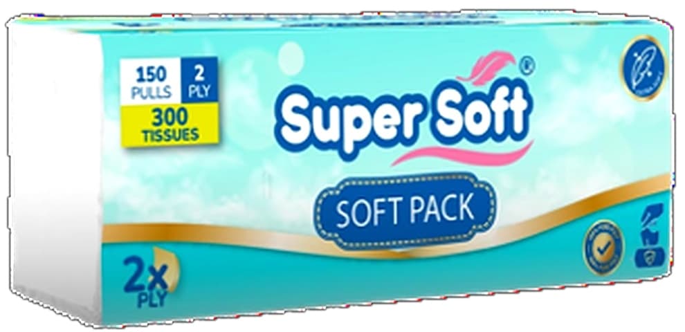 Super Soft Soft Pack Mini 150 x 2 Ply = 300 Tissue Tissue Size 15x20cm Pure Imported Paper 13.7gsm 40/Pkt per carton