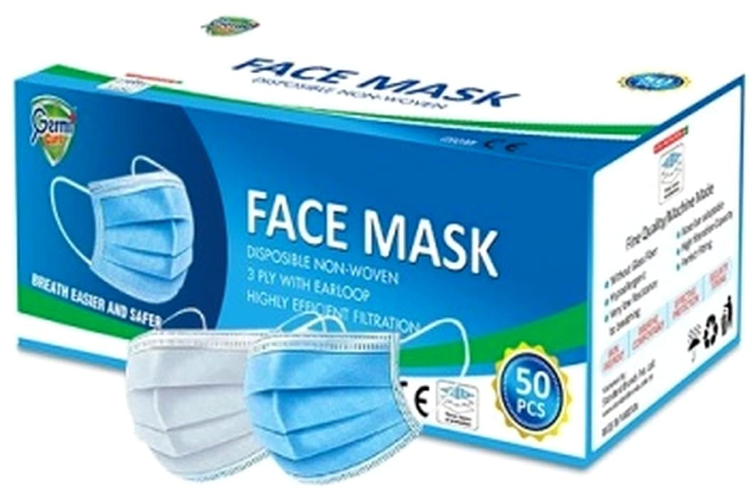 Germi Cure Face Mask MEDICAL BLUE 65 gsm 3-Ply Ultrasonic Punch PVC Coating Nose Pin 50 Mask/Box 48/Box per Carton
