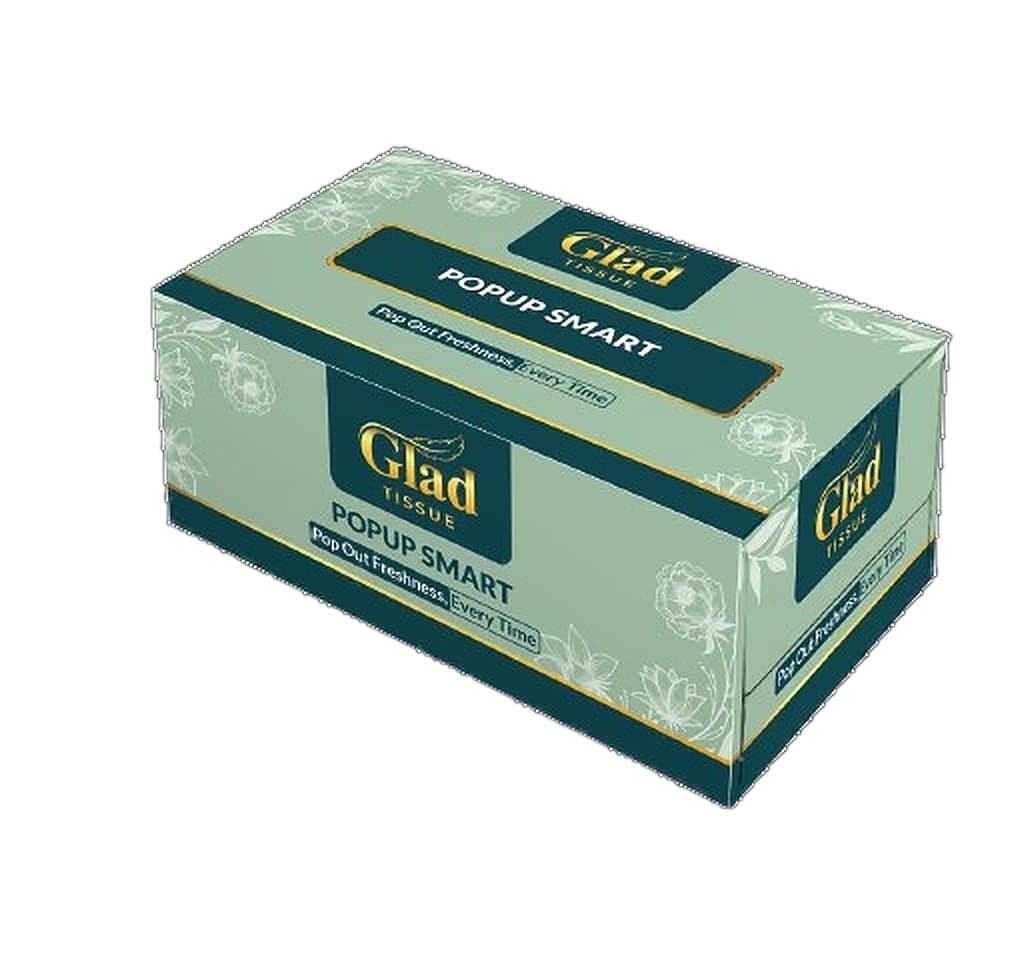 GLAD Tissue Box Popup Smart Tissue Size 15x20cm 120x2 Ply = 240 Tissues Recycled Tissue Paper Bleach Card 36/Box per carton