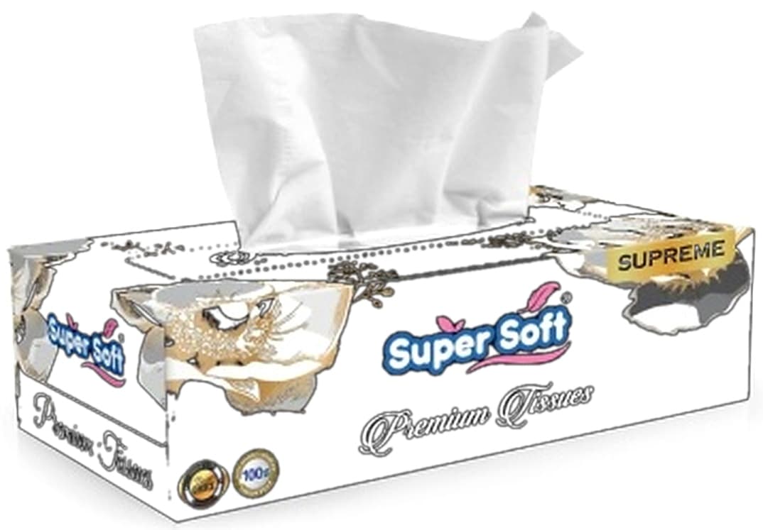 Super Soft Tissue Box Supreme Tissue Size 17x20cm 100x2 Ply = 200 tissue Pure Imported Paper 13.7gsm 48/Box per carton